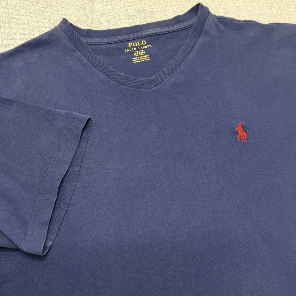 Polo Ralph Lauren Mens Navy Blue V-Neck Cotton T-Shirt Red Pony Logo Size M